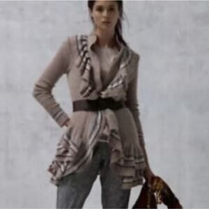 Sparrow by Anthropologie Neutral Tan Ruffled Wool Blend Open Cardigan